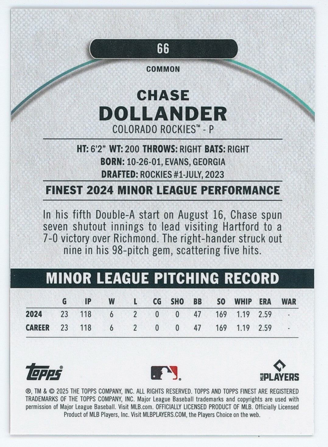 ⚾️ 2025 Topps Finest #66 Chase Dollander (RC) Rookie - Rockies
