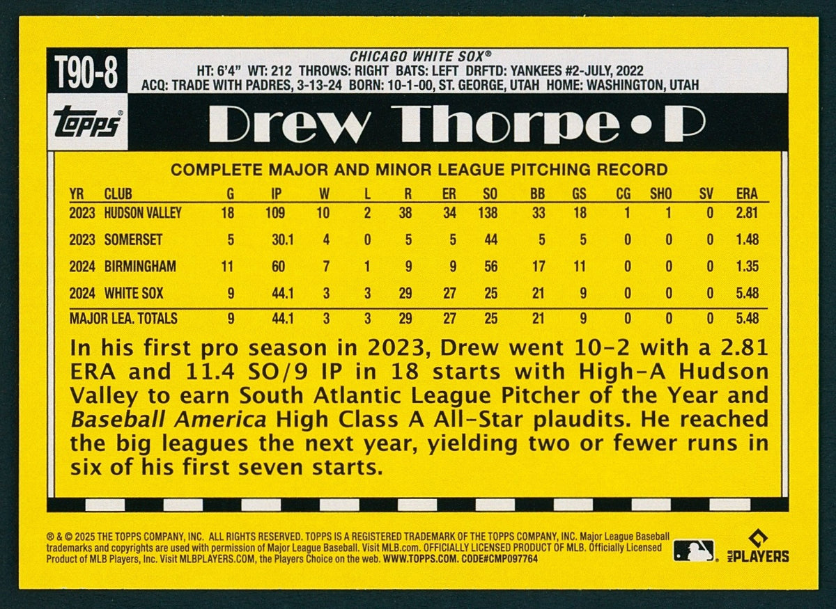 ⚾️ 2025 Topps Series 1 - 1990 Topps Baseball Drew Thorpe #T90-8 (RC)