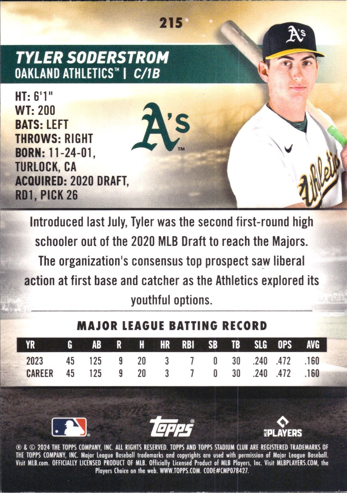 2024 Topps Stadium Club - #215 Tyler Soderstrom (RC)