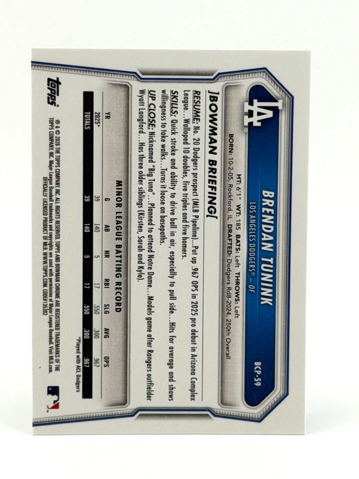 ⚾️ 2026 Bowman Brendan Tunink Chrome 1st Bowman #BCP-59 Dodgers