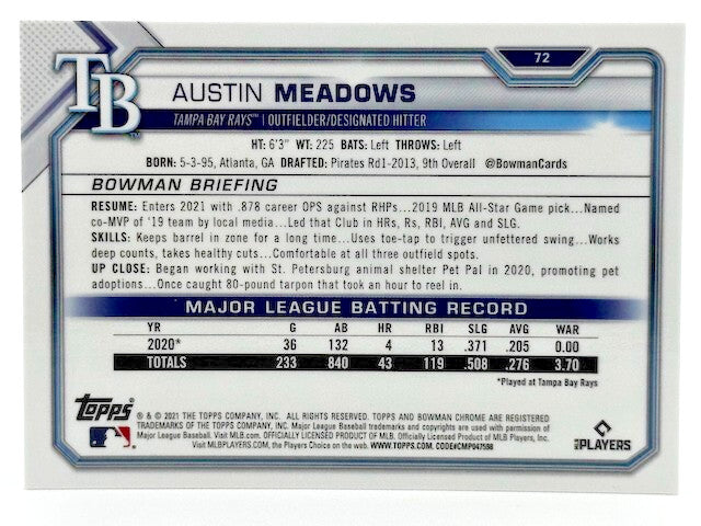 2021 Bowman Chrome - Austin Meadows #72 Fuchsia Refractor /299