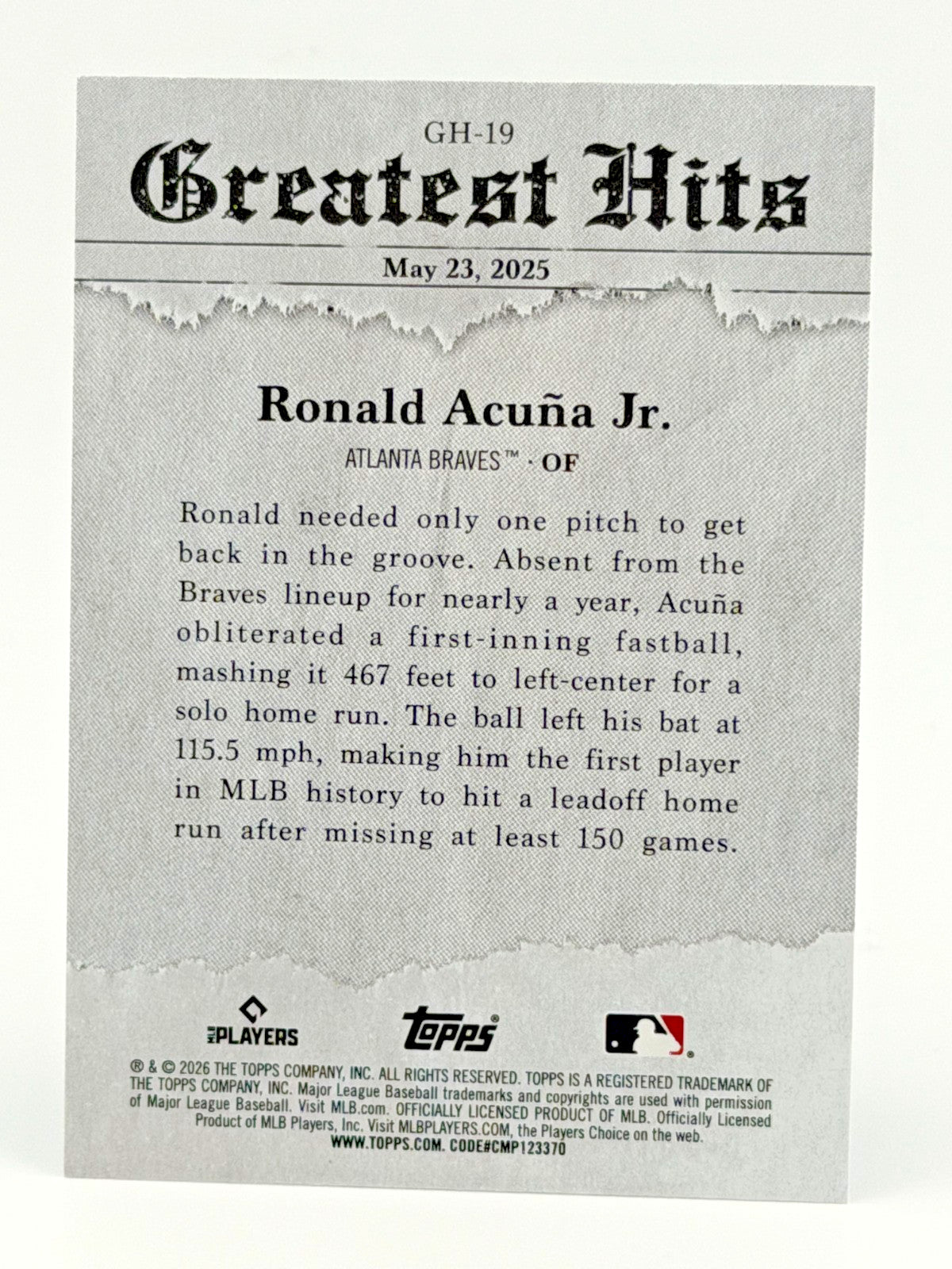 2026 Topps #GH-19 2025 Greatest Hits - Ronald Acuna Jr.