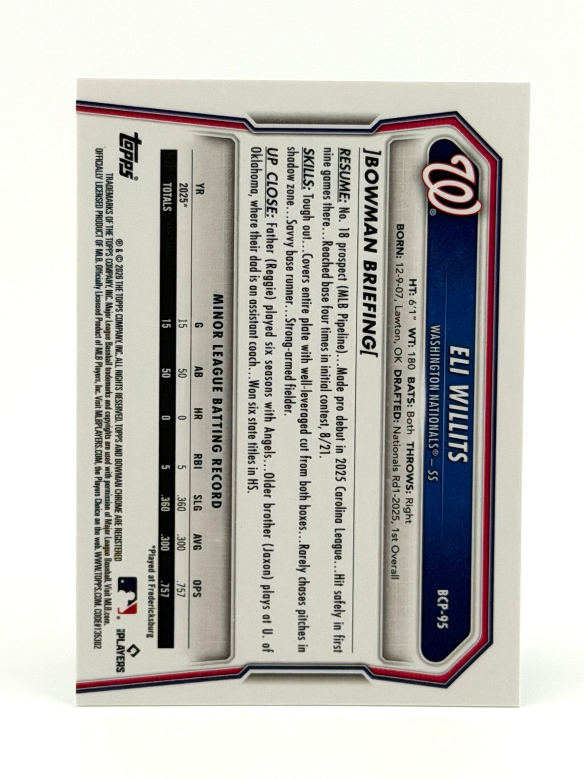 ⚾️ 2026 Bowman Chrome Eli Willits - Nats #BCP-95