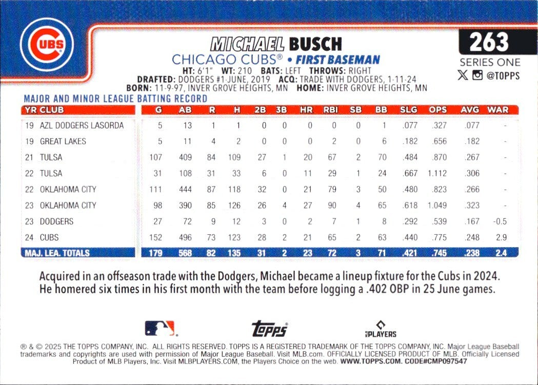 ⚾️ 2025 Topps Series 1 #263 Future Stars - Michael Busch - Cubs