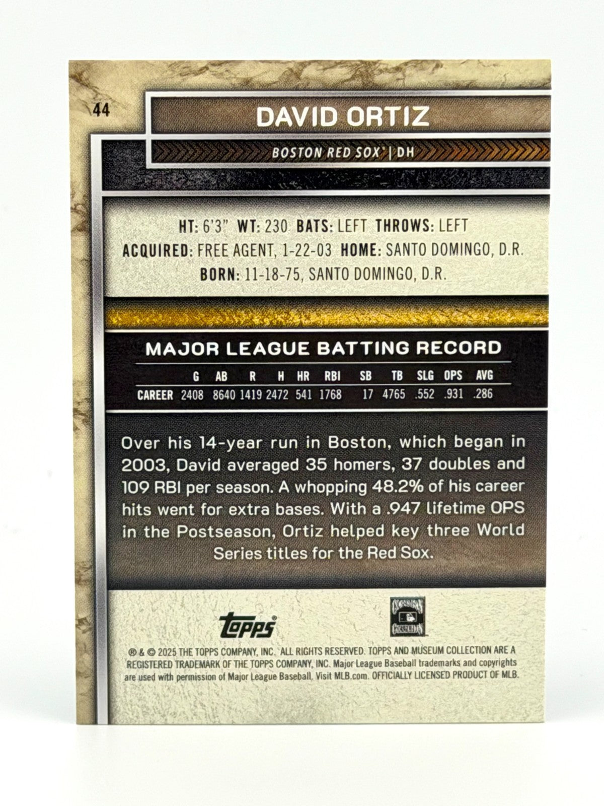 2025 Topps Museum Collection #44 David Ortiz (HOF) Red Sox