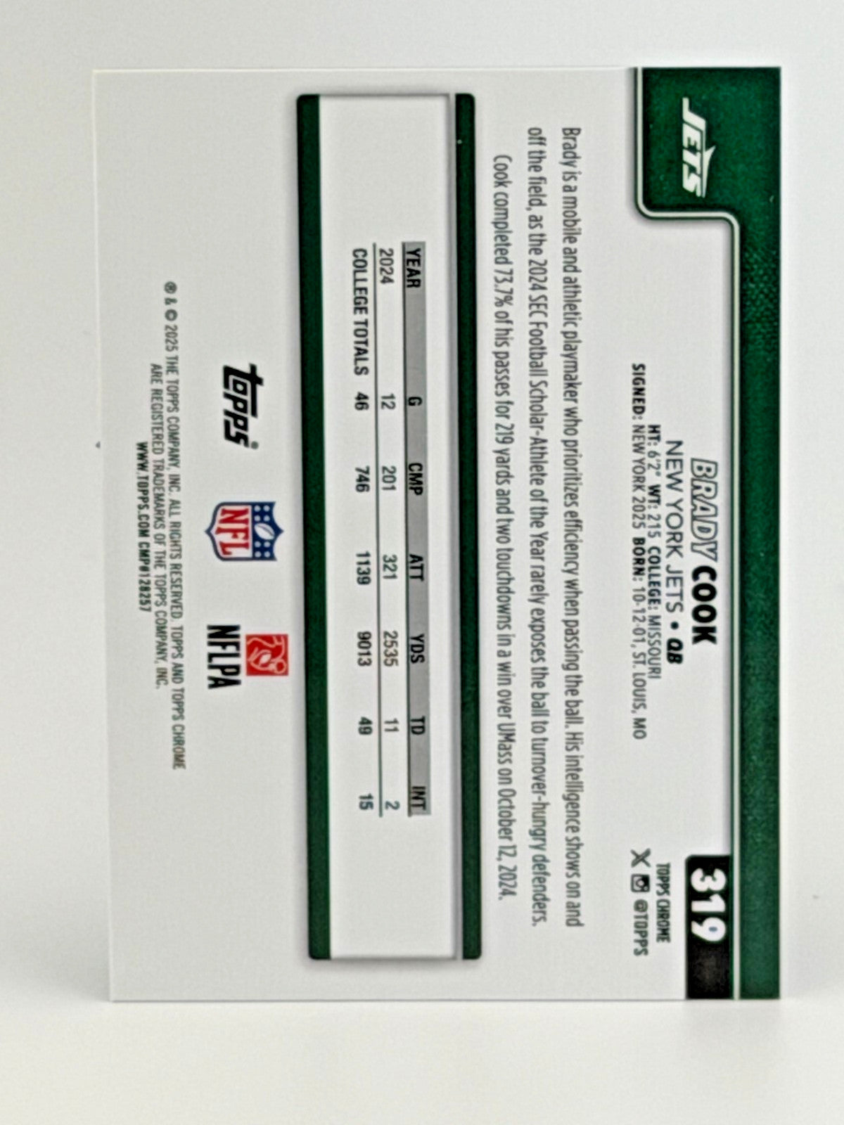 🏈 2025 Topps Chrome Football #319 Brady Cook RC Rookie X-Fractor Jets