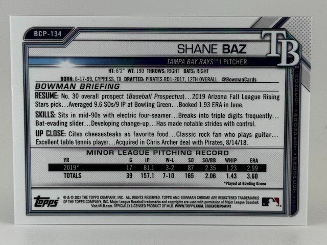 2021 Bowman - Chrome Prospects Blue Shimmer (114/150) Shane Baz #BCP-134 (RC)