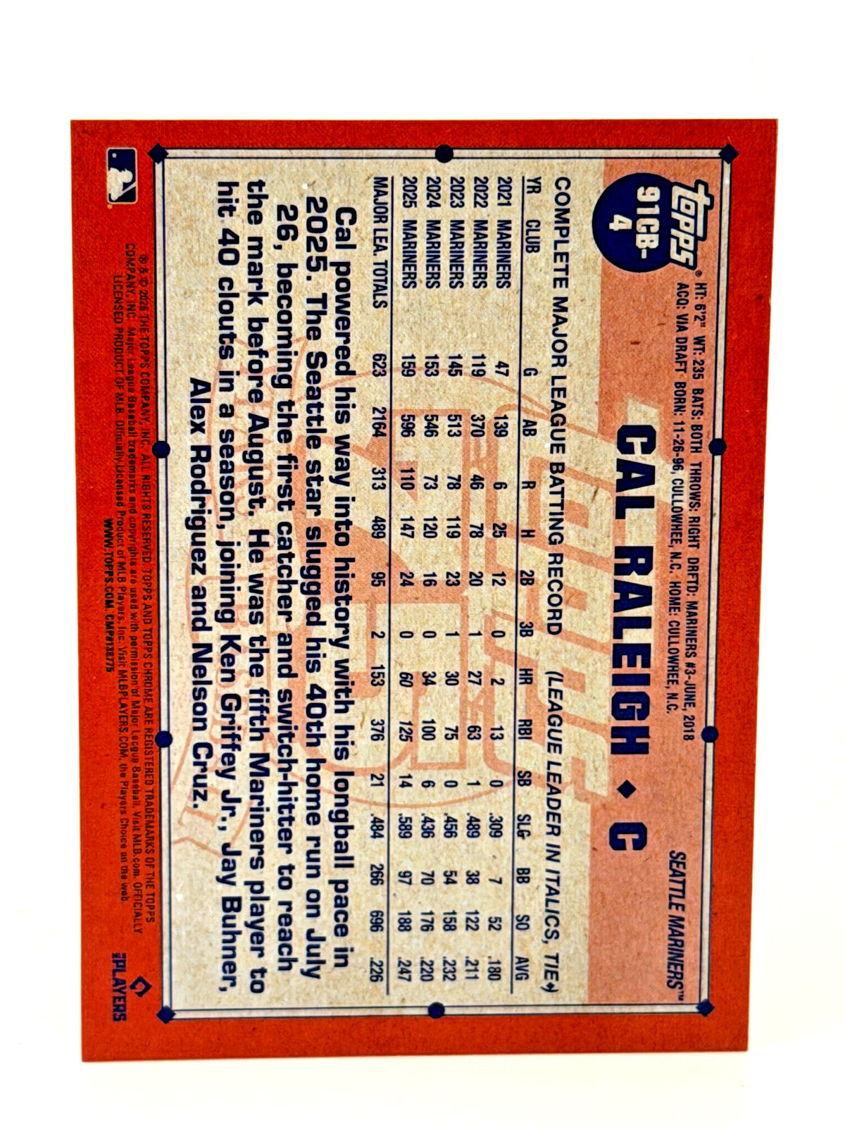 2026 Topps Chrome 91CB-4 Cal Raleigh - 1991 Chrome REFRACTOR