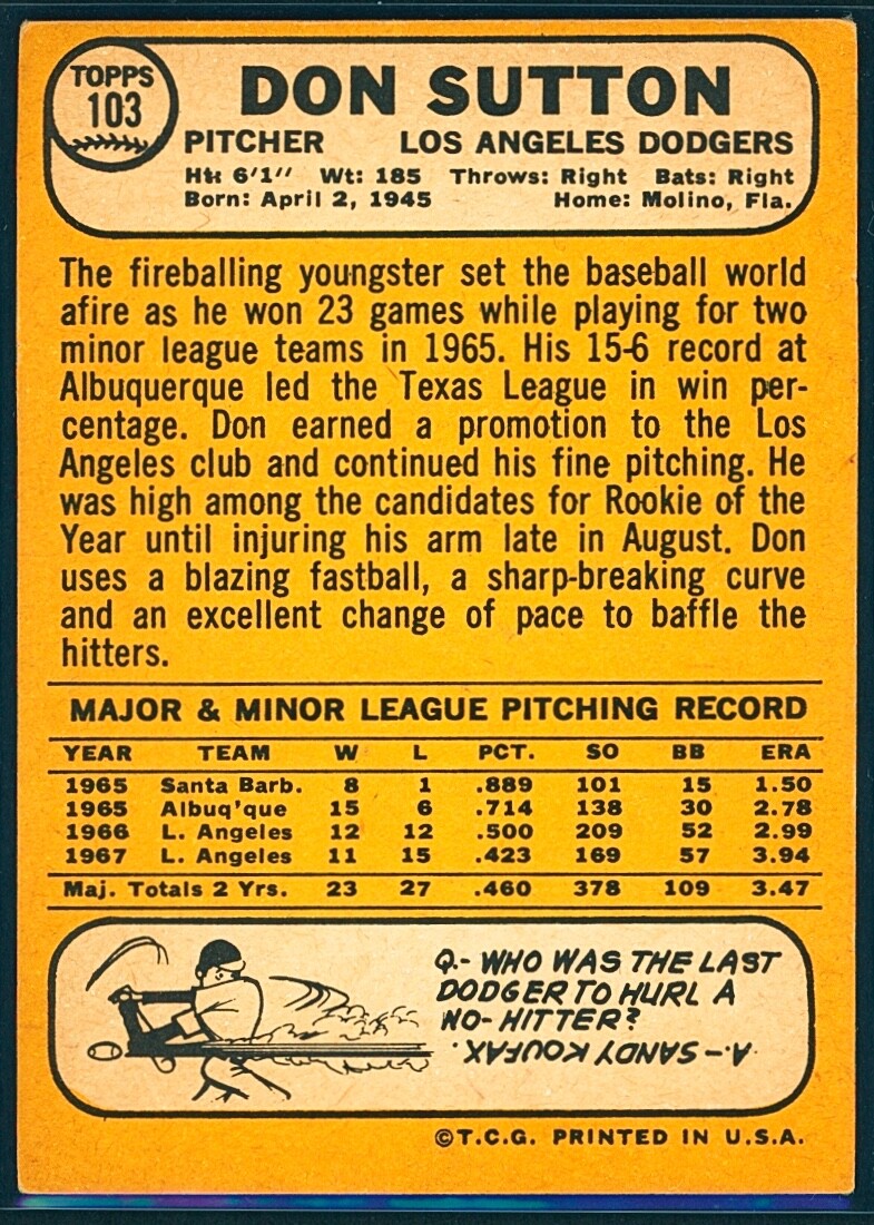 1968 Topps - Don Sutton (HOF) Dodgers #103 EX/NM CENTERED