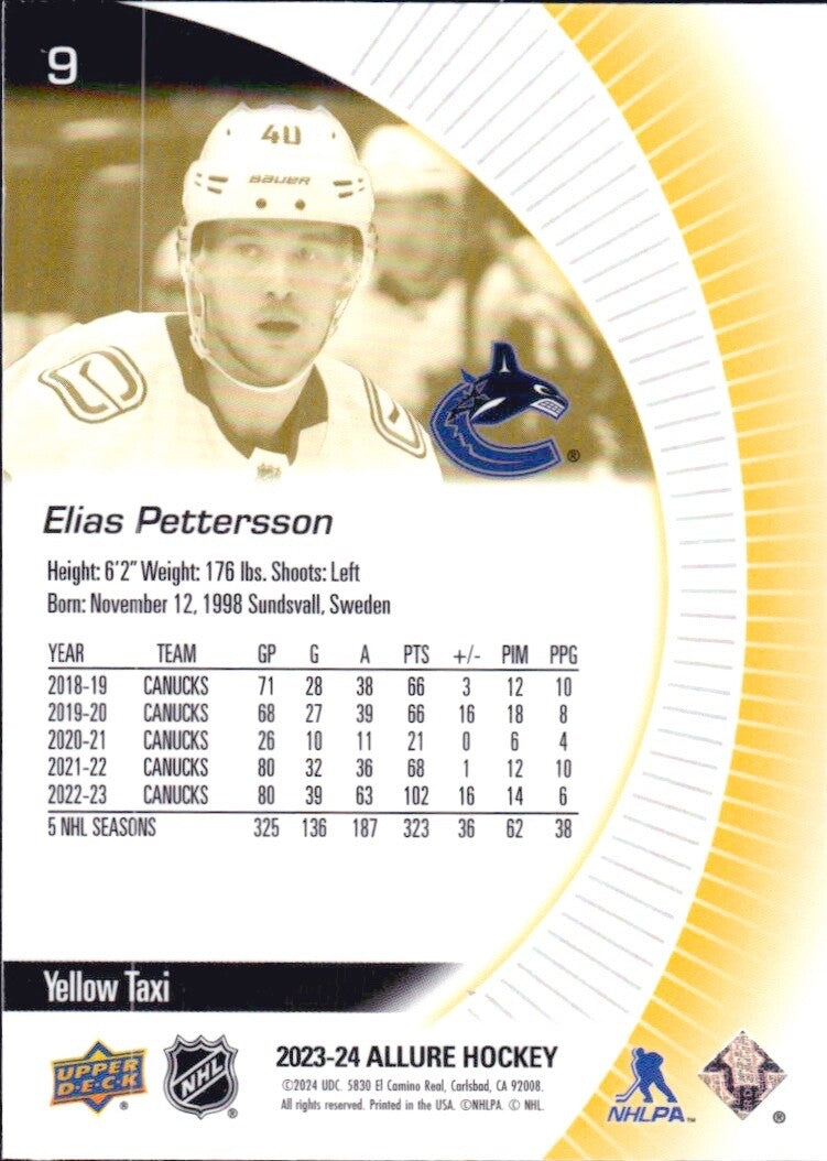 2023-24 Upper Deck Allure - #9 Elias Pettersson - Yellow Taxi Refractor