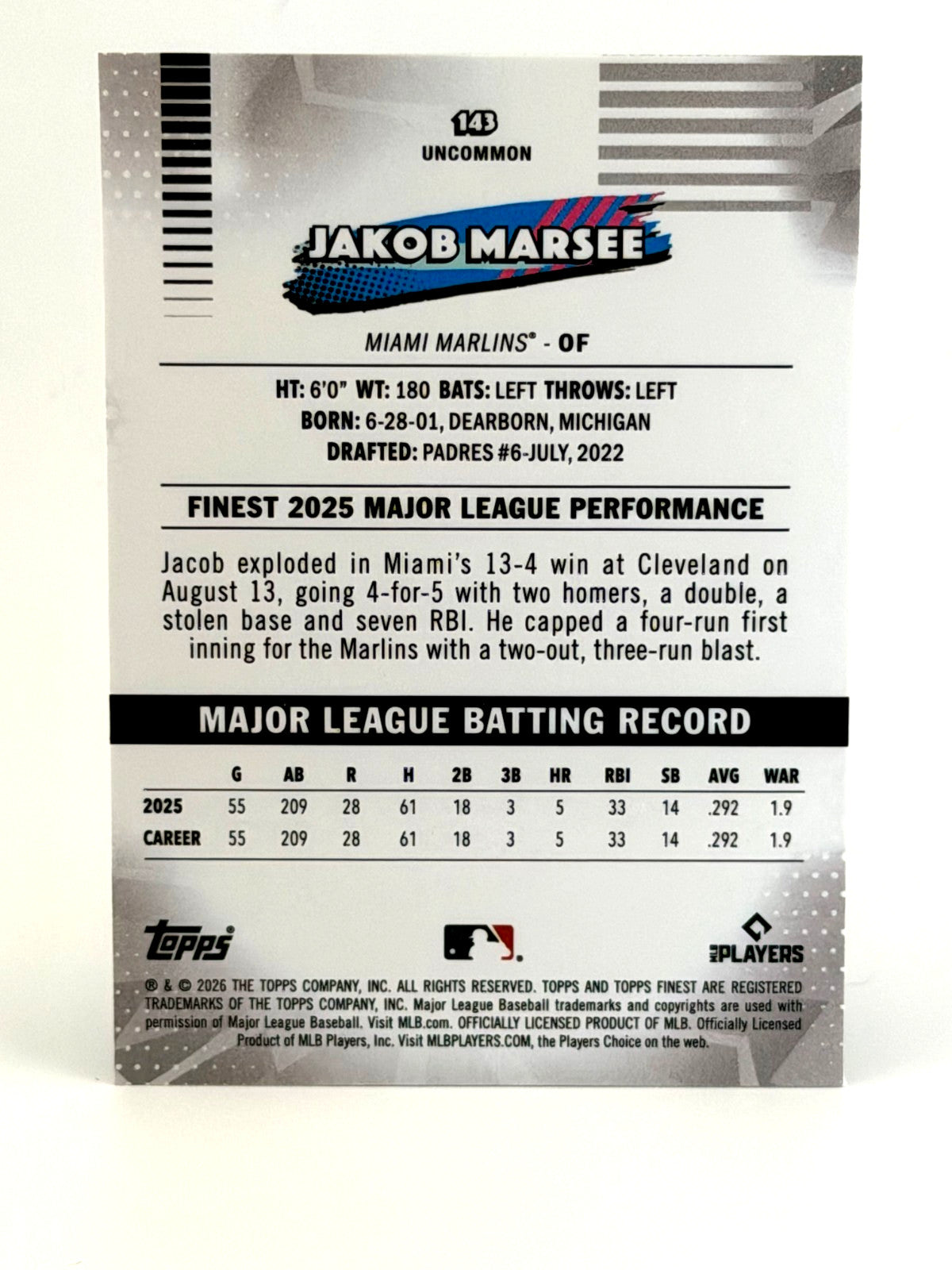 2026 Topps Finest #143 UNCOMMON - Jakob Marsee (RC) Rookie - Marlins