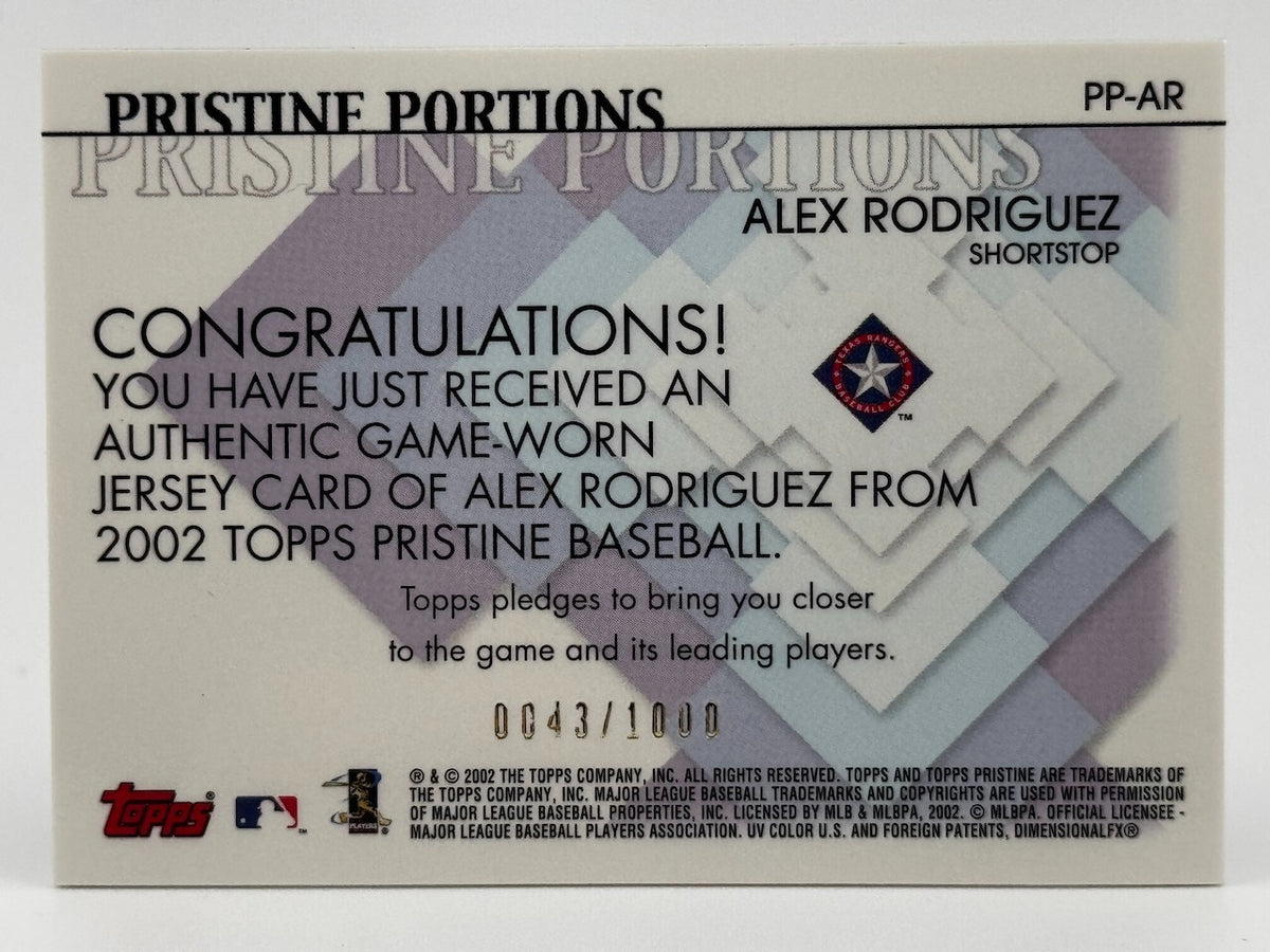 2002 Topps Pristine #PPAR Pristine Portions Game-Worn Relic /1000 Alex Rodriguez
