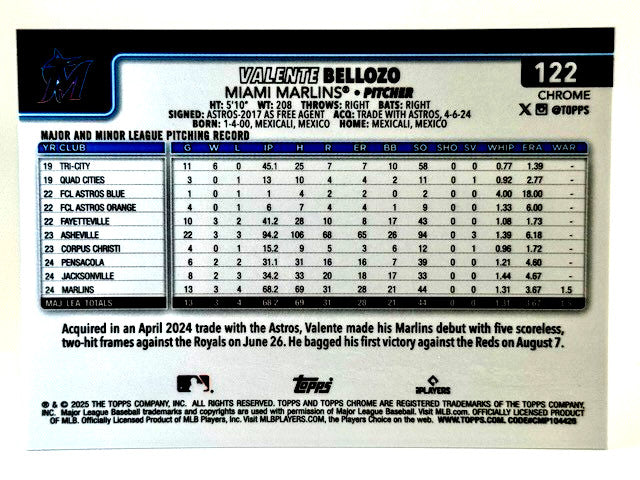⚾️ 2025 Topps Chrome #122 PRISM REFRACTOR - Valente Bellozo (RC) Rookie