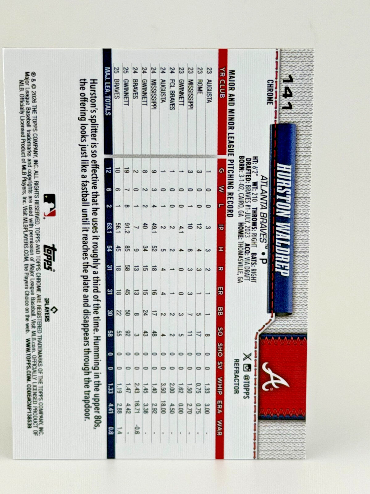 2026 Topps Chrome #141 Hurston Waldrep - REFRACTOR - Braves