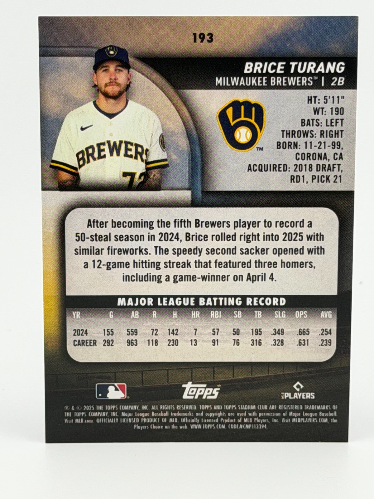 ⚾️ 2025 Topps Stadium Club #193 RED Parallel - Brice Turang