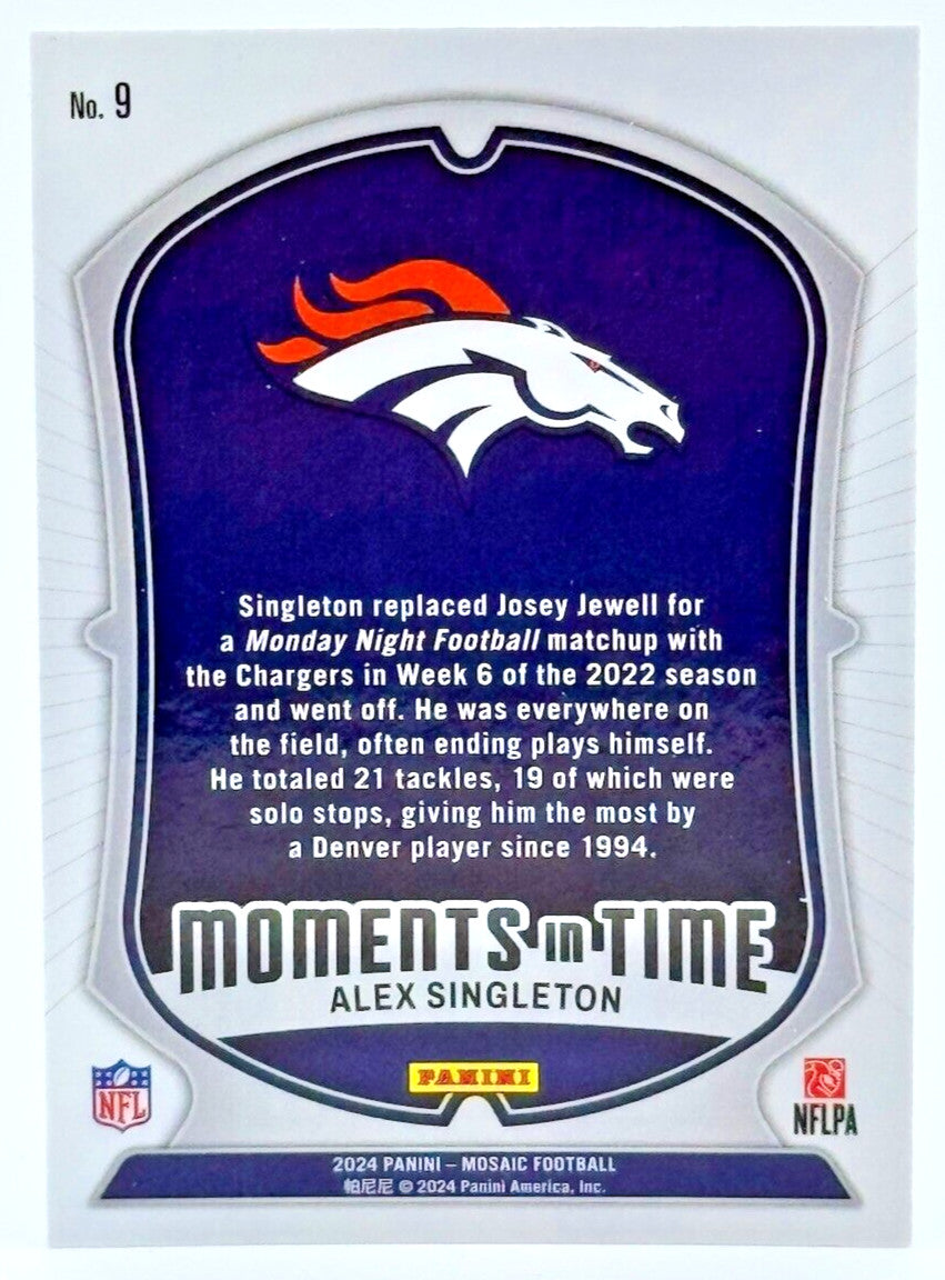 🏈 2024 Panini Mosaic #9 MOMENTS IN TIME - Alex Singleton - Broncos  🏈