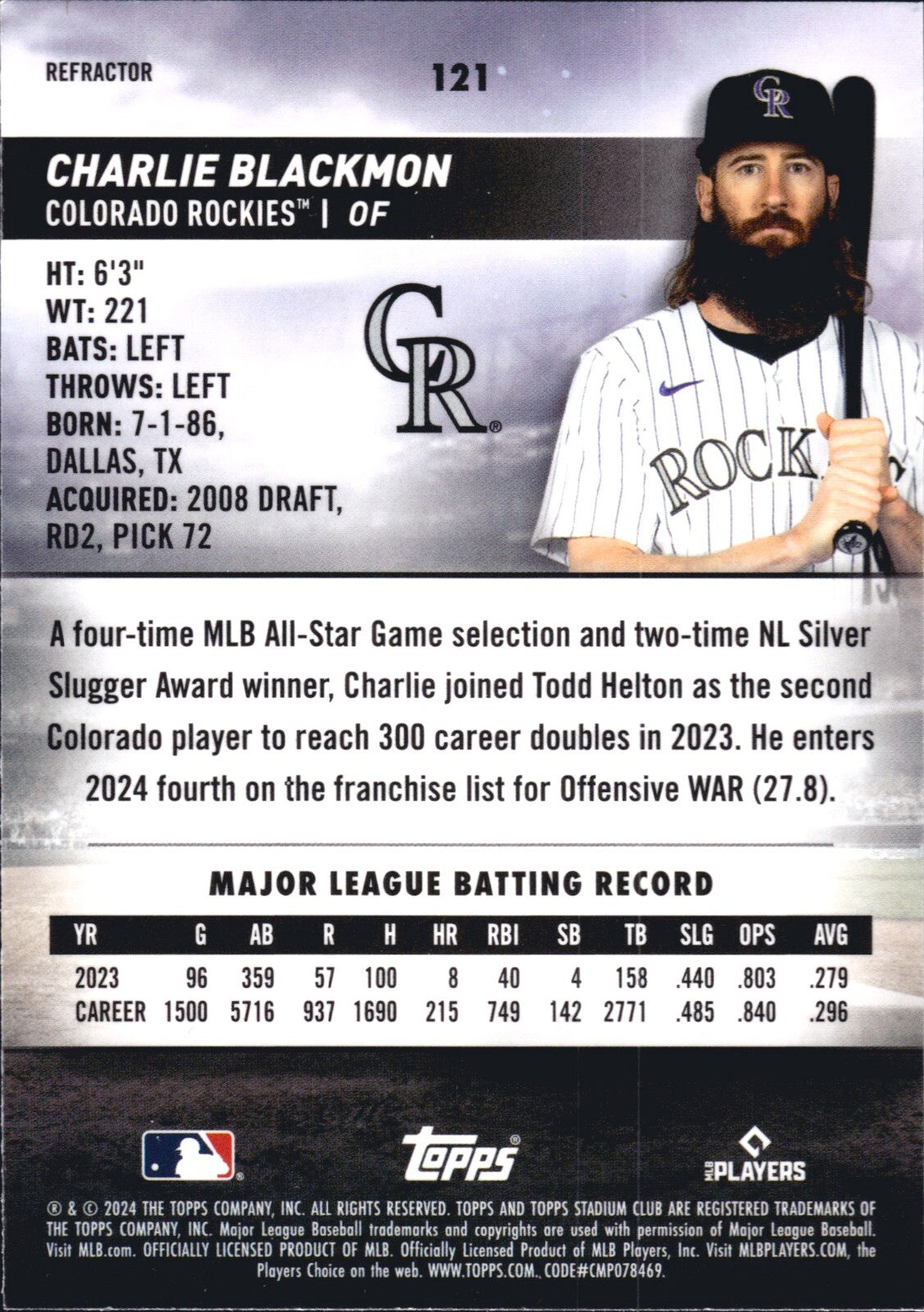 2024 Topps Stadium Club Chrome - #121 Charlie Blackmon