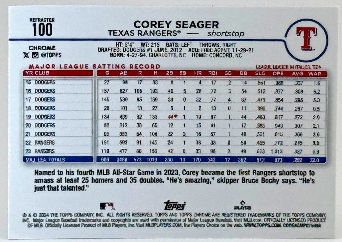 2024 Topps Chrome #100 REFRACTOR - Corey Seager - Rangers