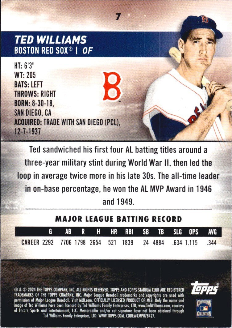 2024 Topps Stadium Club - #7 Red Foil - Ted Williams (HOF)