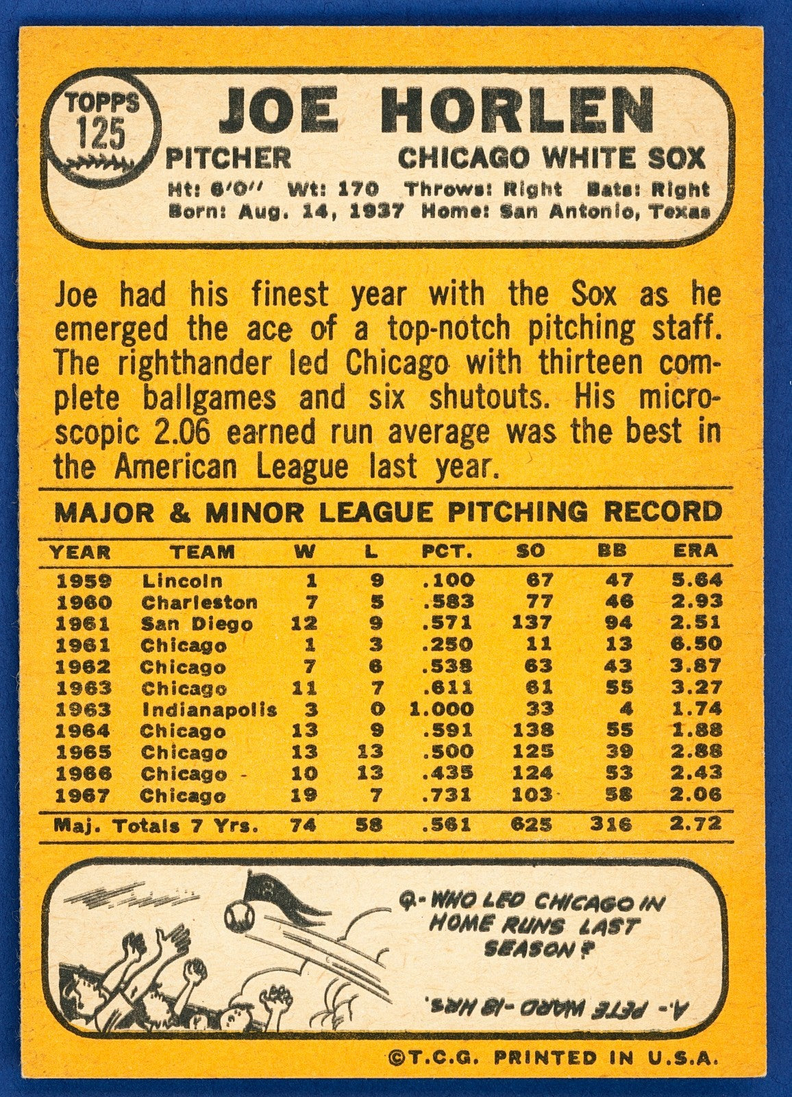 1968 Topps - Joe Horlen #125 Jewish Baseball - NMMT Centered