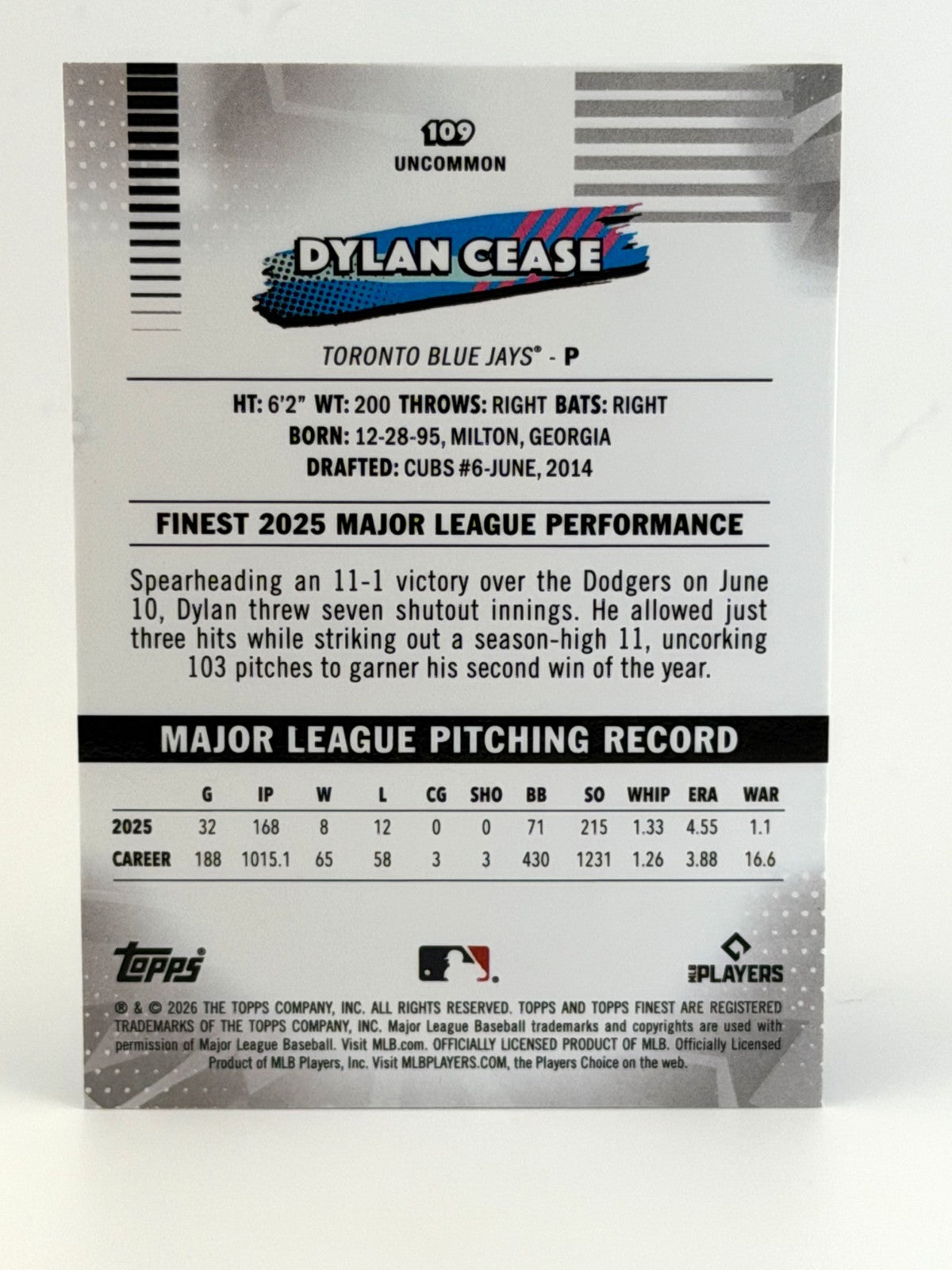 2026 Topps Finest #109 UNCOMMON - Dylan Cease - Blue Jays