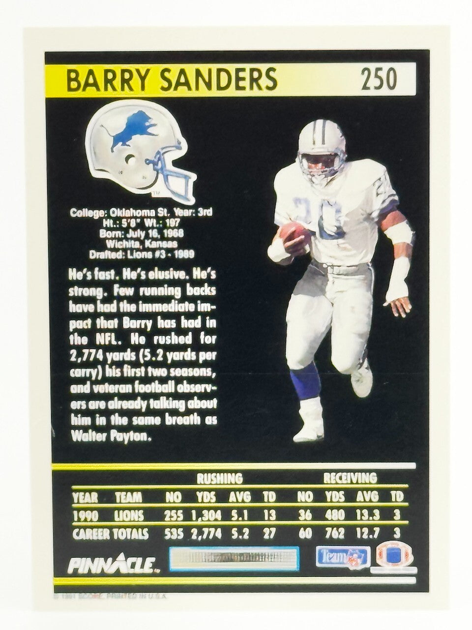 1991 Pinnacle - #250 Barry Sanders (HOF) - NM/Mint - Centered
