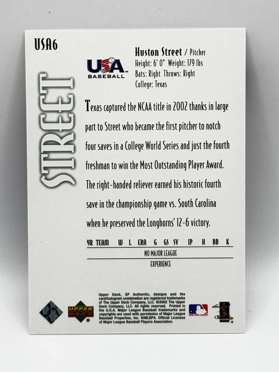 2002 SP Authentic USA Baseball #USA6 - Future USA Watch - Huston Street /1999