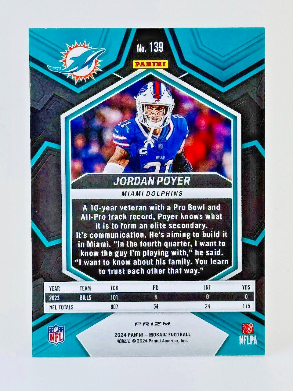 🏈 2024 Panini Mosaic #139 - SILVER PRIZM REFRACTOR - Jordan Poyer - Bills🏈