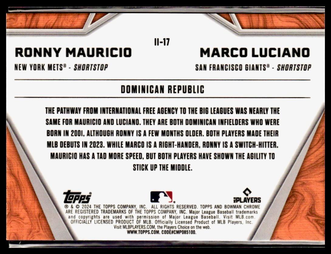 2024 Bowman Chrome #II-17 Marco Luciano / Ronny Mauricio International Impact