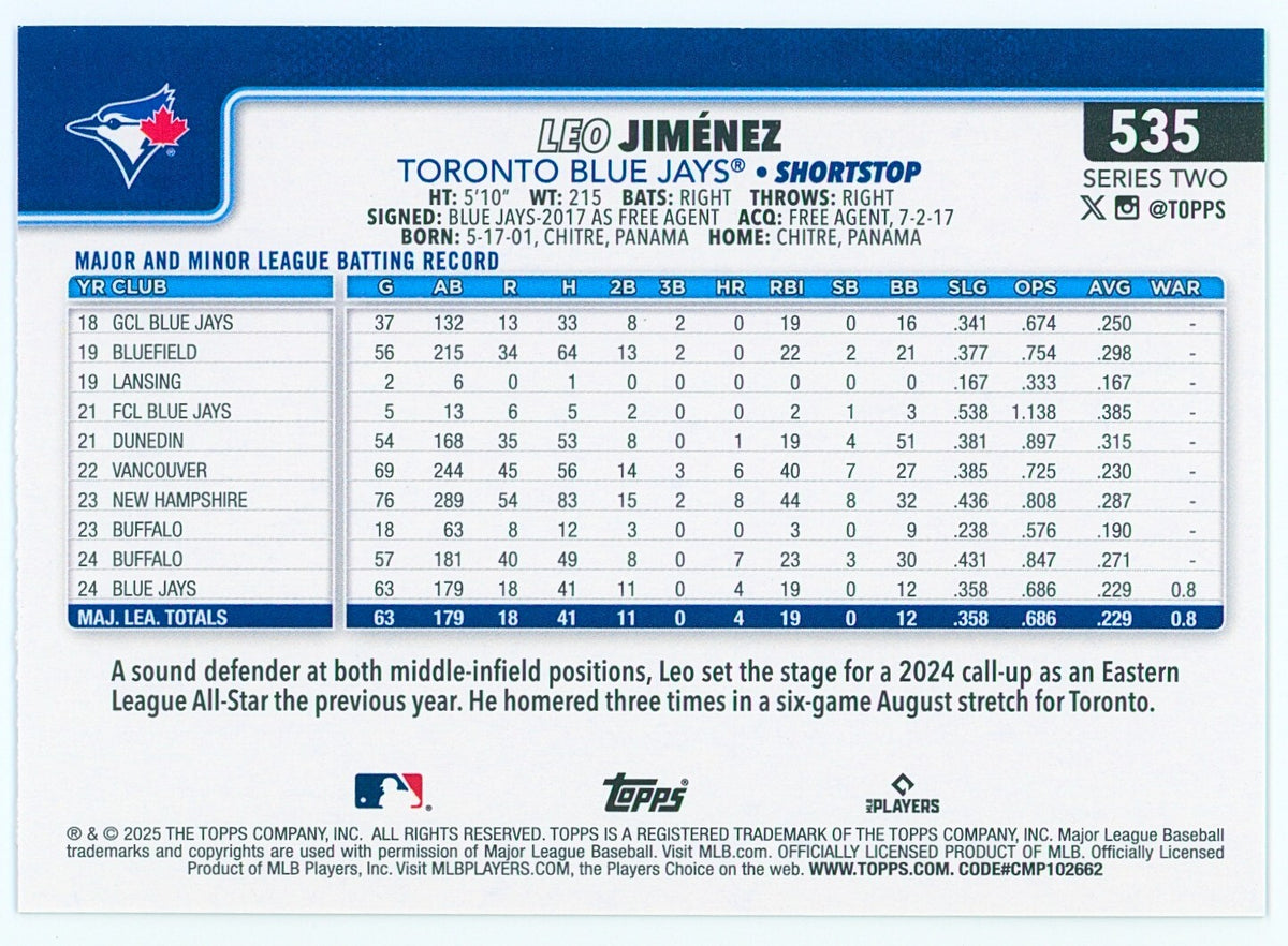⚾️ 2025 Topps Series 2 #535 Rainbow Foil - Leo Jimenez (RC) Rookie
