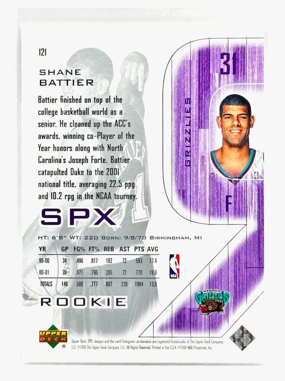 2001-02 UPPER DECK SPx BASKETBALL SPx Rookie #121 Shane Battier /1999 (RC)