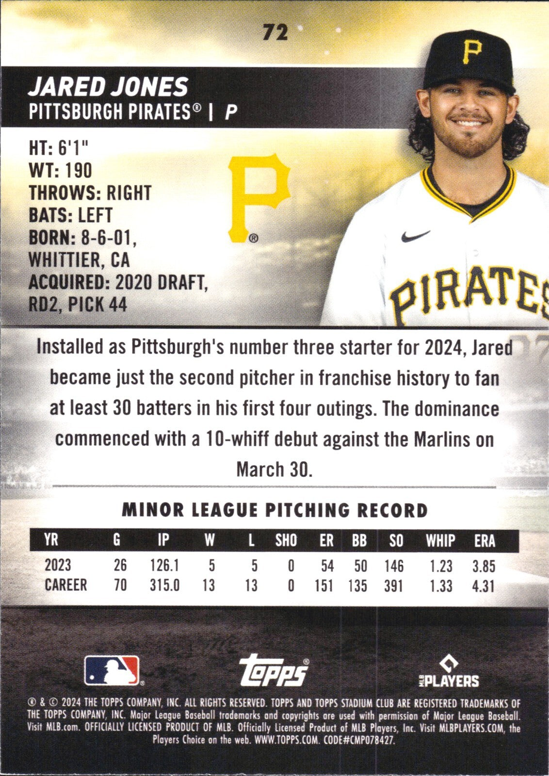 2024 Topps Stadium Club #72 Jared Jones (RC) Rookie - Pirates