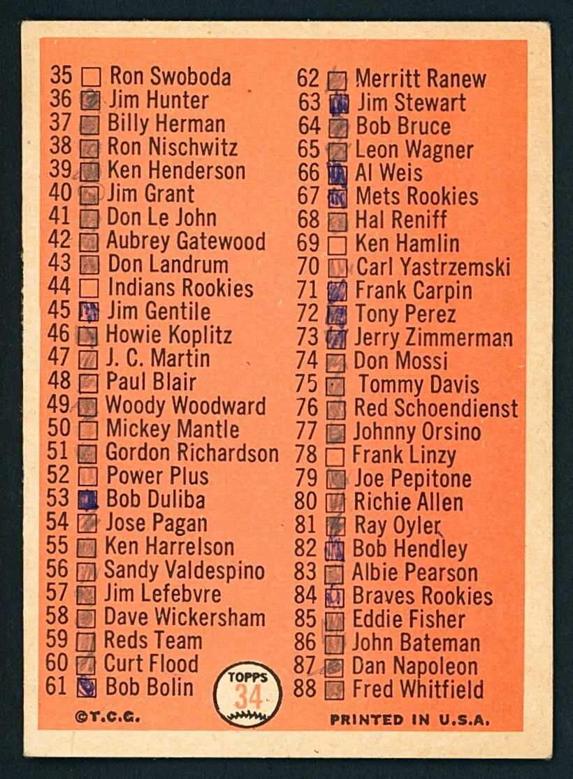 ⚾️ 1966 Topps 1st Series Checklist #34 EX - Marked