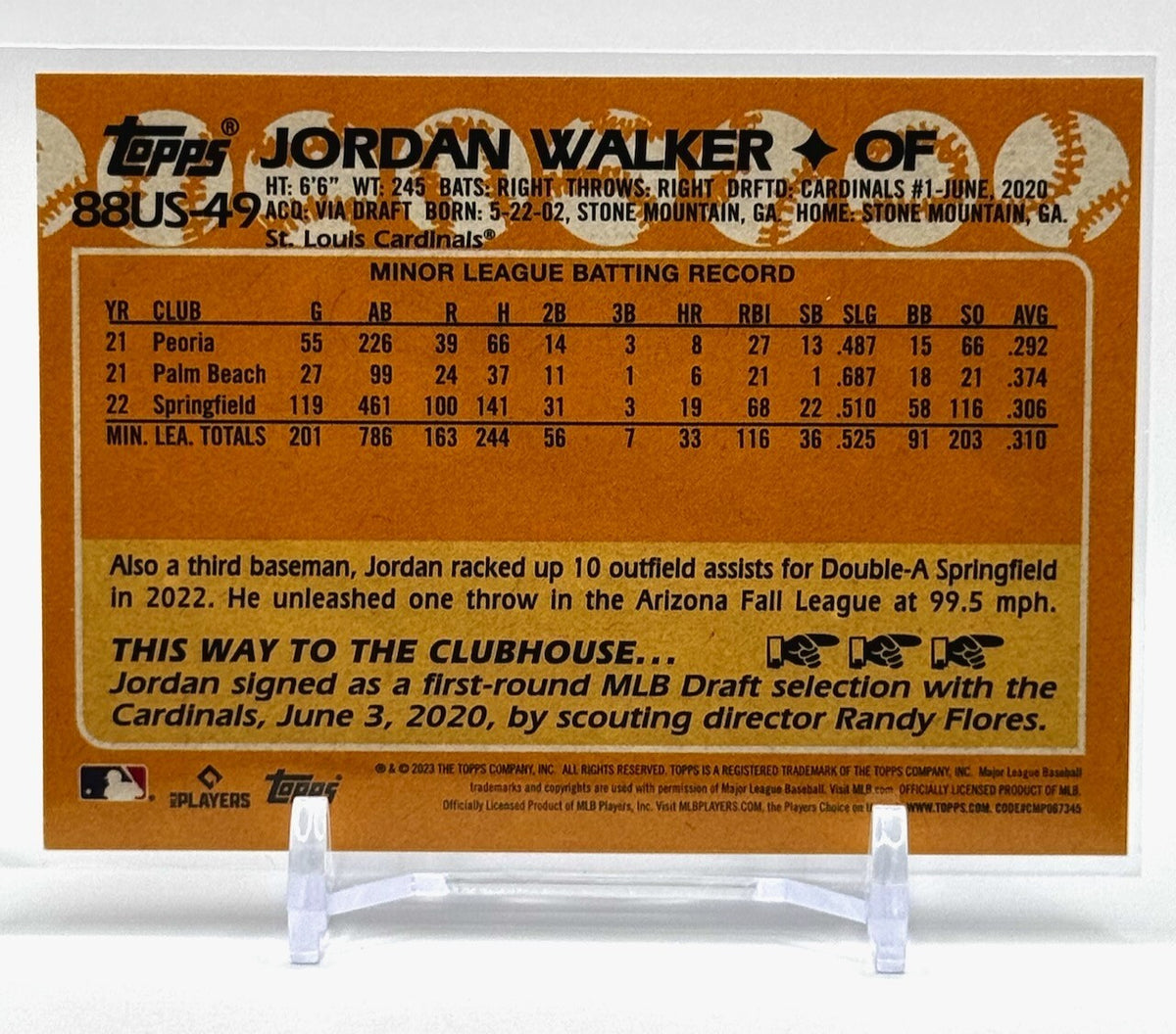 2023 TOPPS UPDATE SERIES - 35TH -1988 TOPPS BASEBALL #88US-49 JORDAN WALKER (RC)