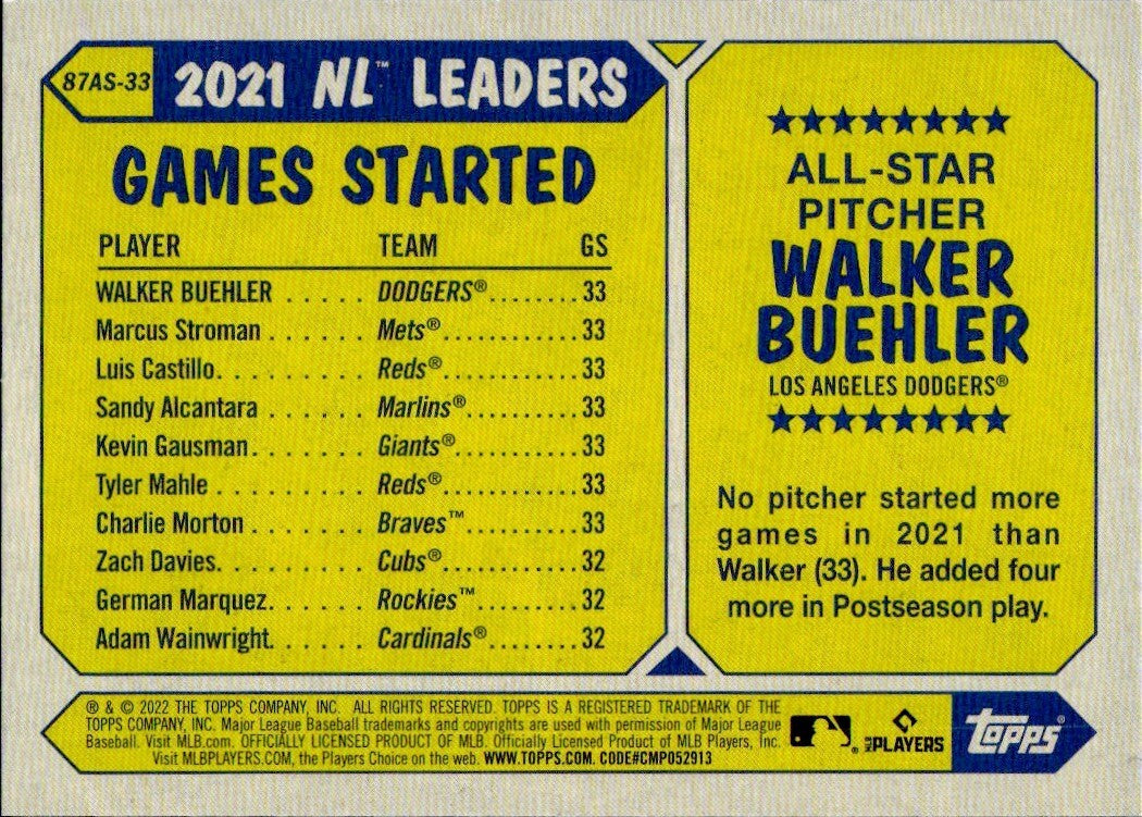 2022 Topps Series 2 - 1987 Topps All-Star Baseball #87AS-33 Walker Buehler