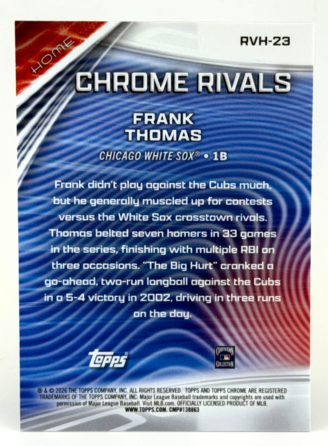 2026 Topps Chrome #RVH-23 FRANK THOMAS HOF - Chrome Rivals Refractor