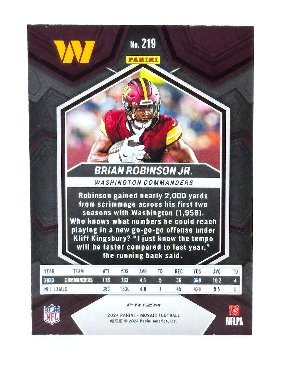 2024 Panini Mosaic #219 MOSAIC Refractor - Brian Robinson Jr - Commanders