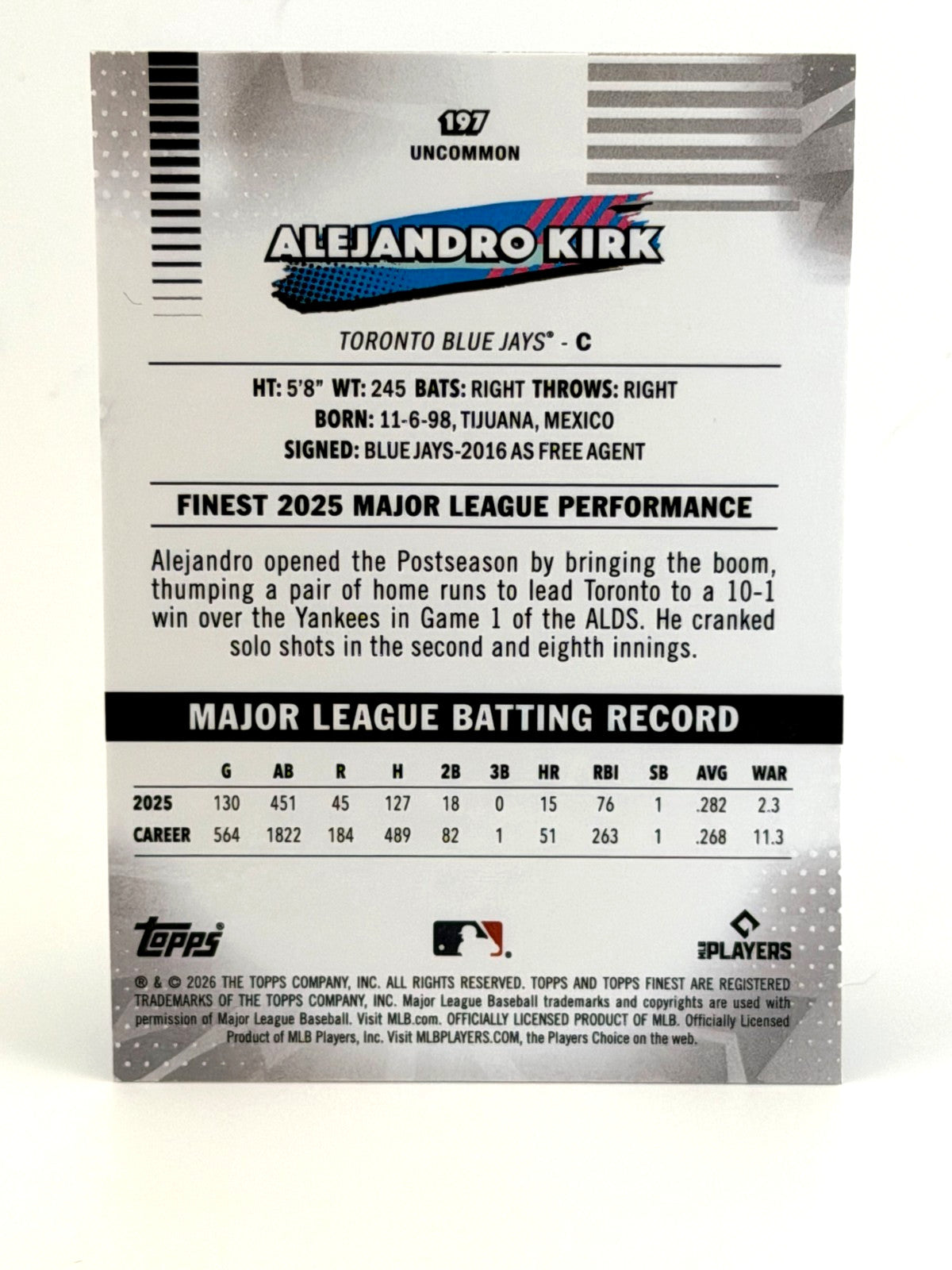 2026 Topps Finest #197 UNCOMMON - Alejandro Kirk - Blue Jays