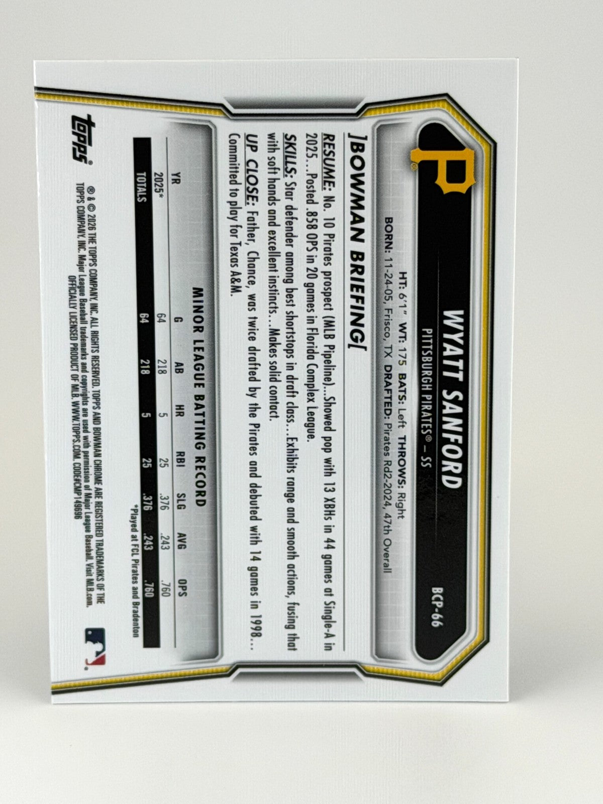 2026 Bowman Chrome Wyatt Sanford #BCP-66 Silver MOJO Refractor - 1st Bowman