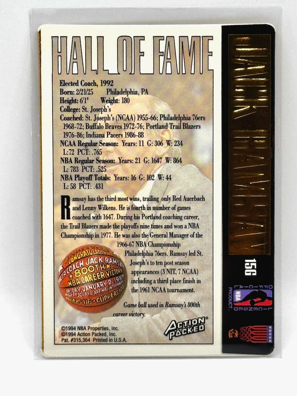 1994-95 Action Packed Basketball Hall of Fame 24k Gold Jack Ramsay Card #15G