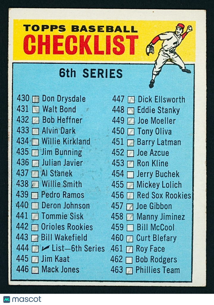 ⚾️ 1966 Topps 6th Series Checklist #444 EX - Marked