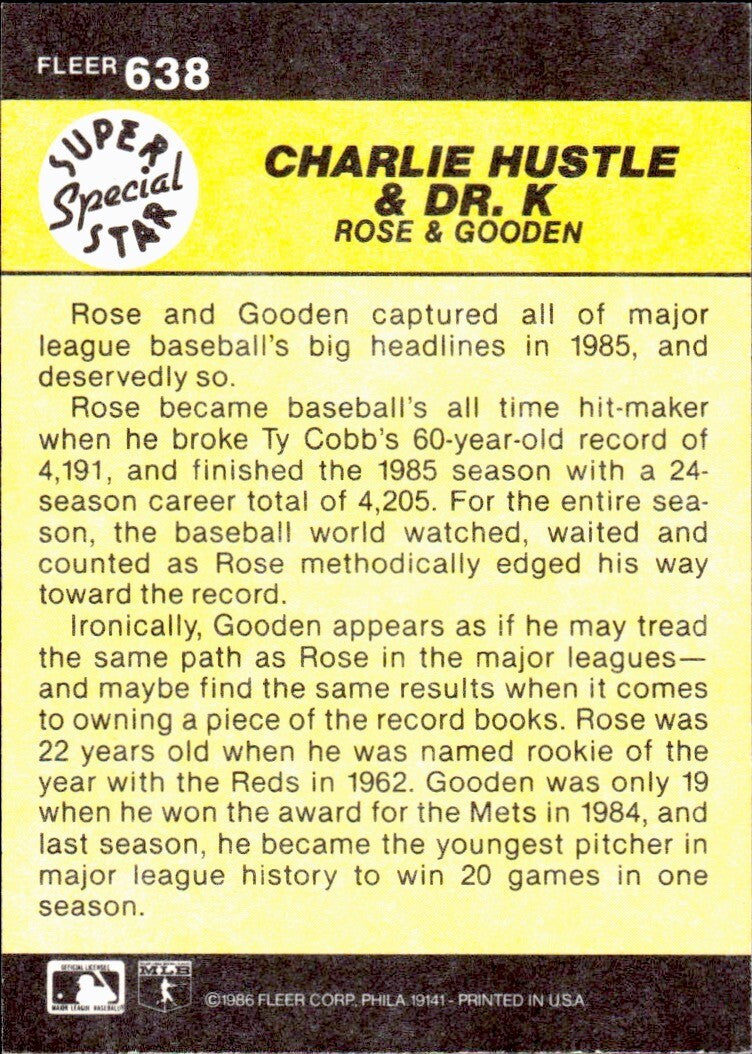 1986 Fleer - #638 Pete Rose, Dwight Gooden - SET BREAK - NM/MT