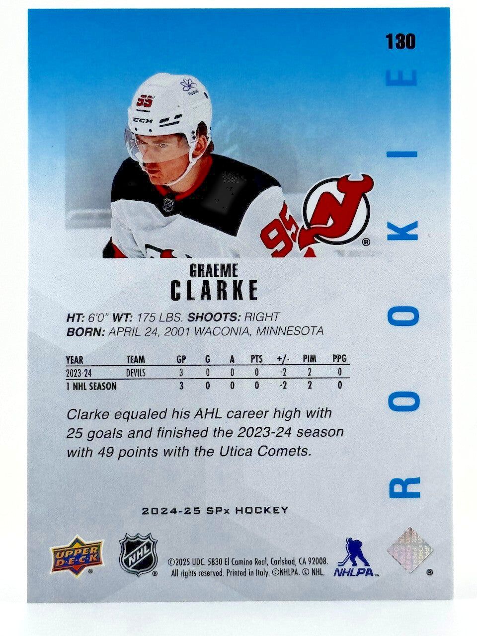 2024-25 SPx Hockey #130 Rookies Graeme Clarke (RC) Devils