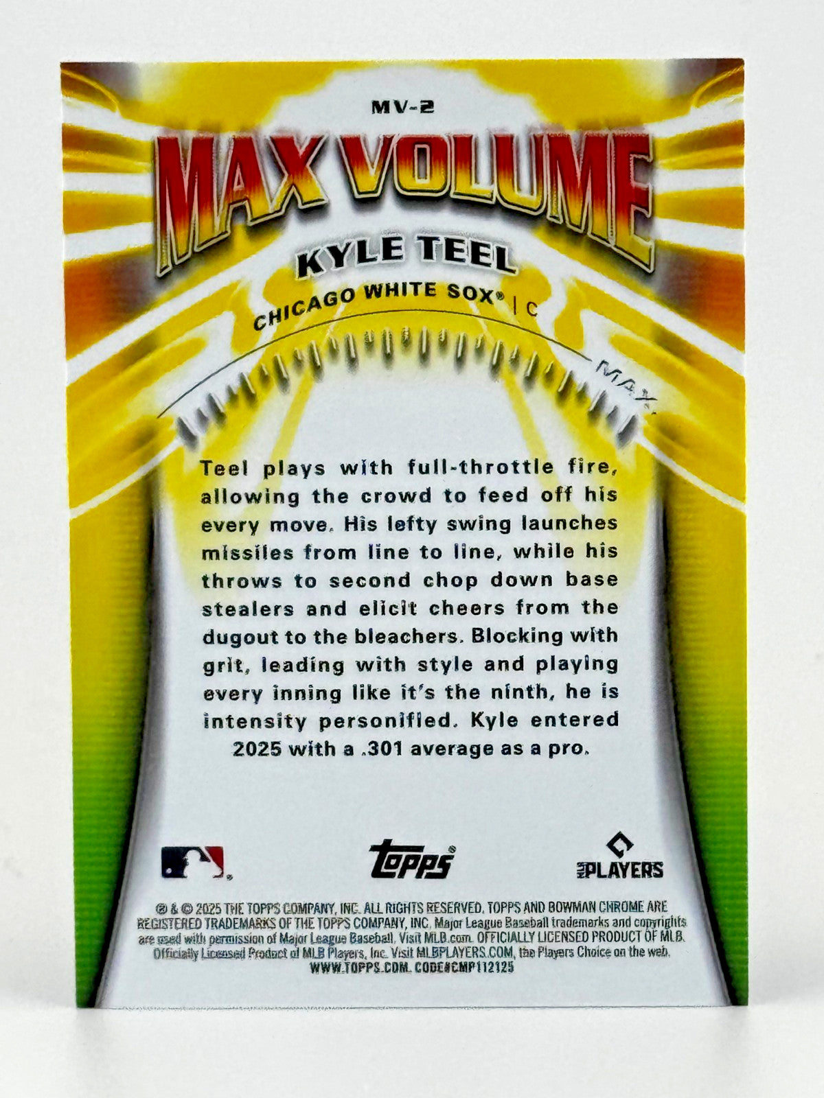 ⚾️ 2025 Bowman Chrome #MV-2 Max Volume Refractor - Kyle Teel