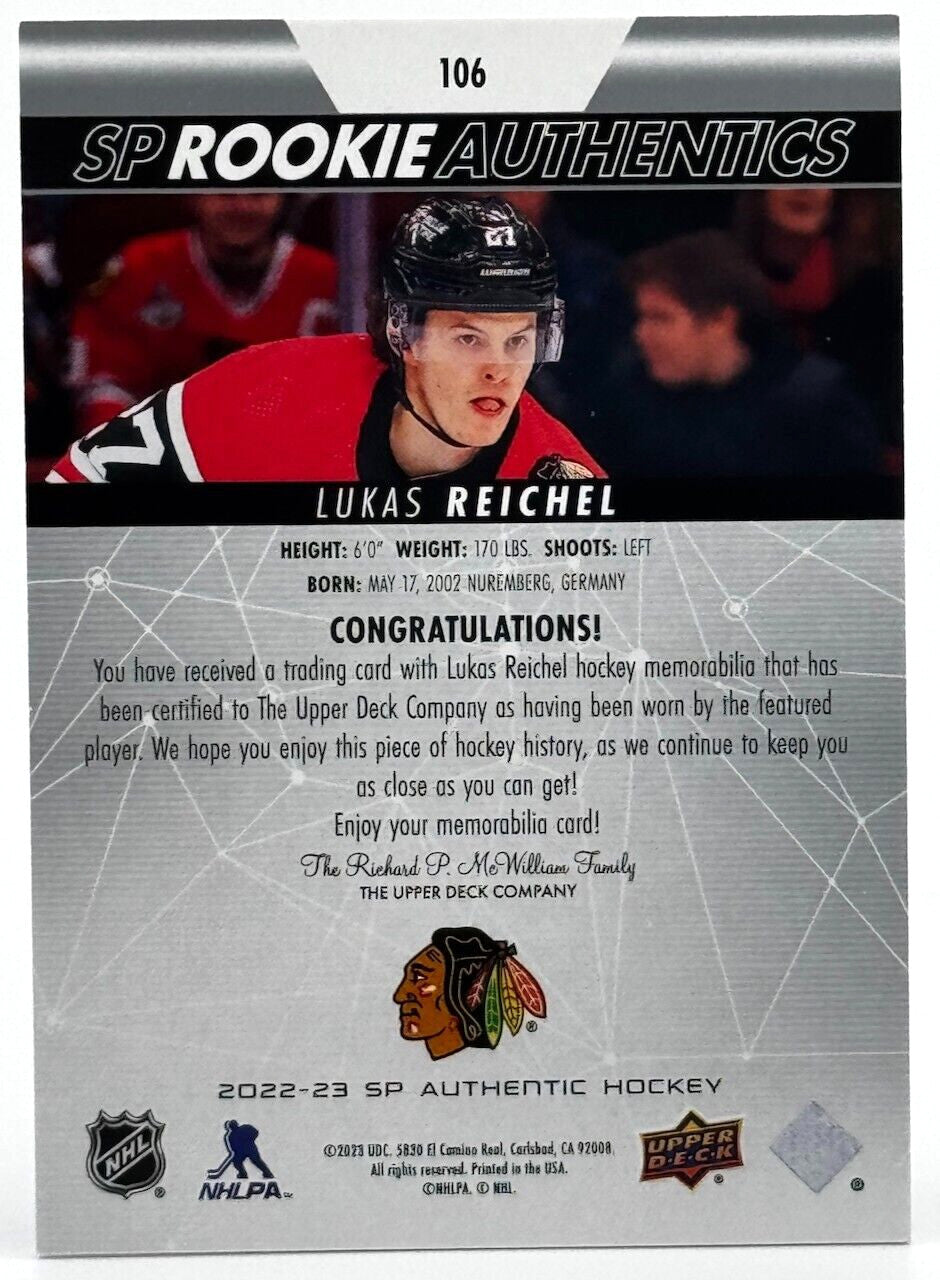 2022-23 SP Rookie Authentics Jersey #106 Lukas Reichel (RC) Blackhawks