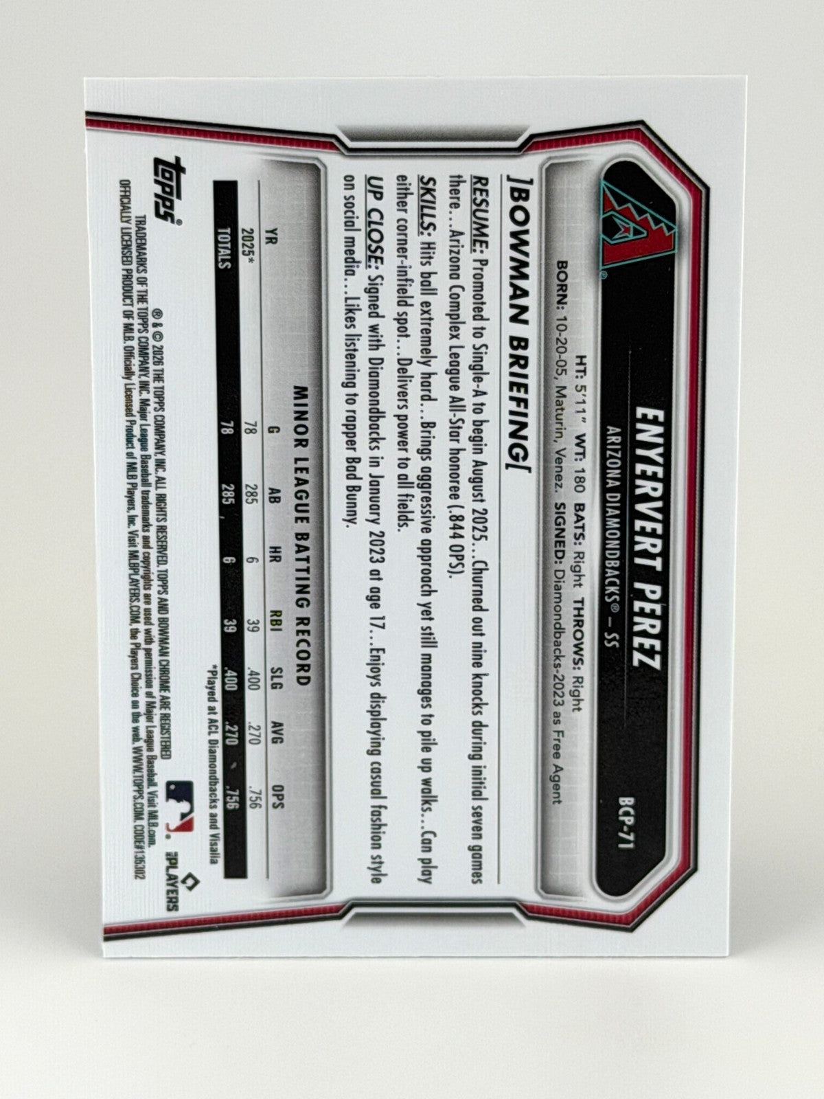 2026 Bowman Enyervert Perez #BCP-71 Laser Refractor Parallel - 1st Bowman DBacks