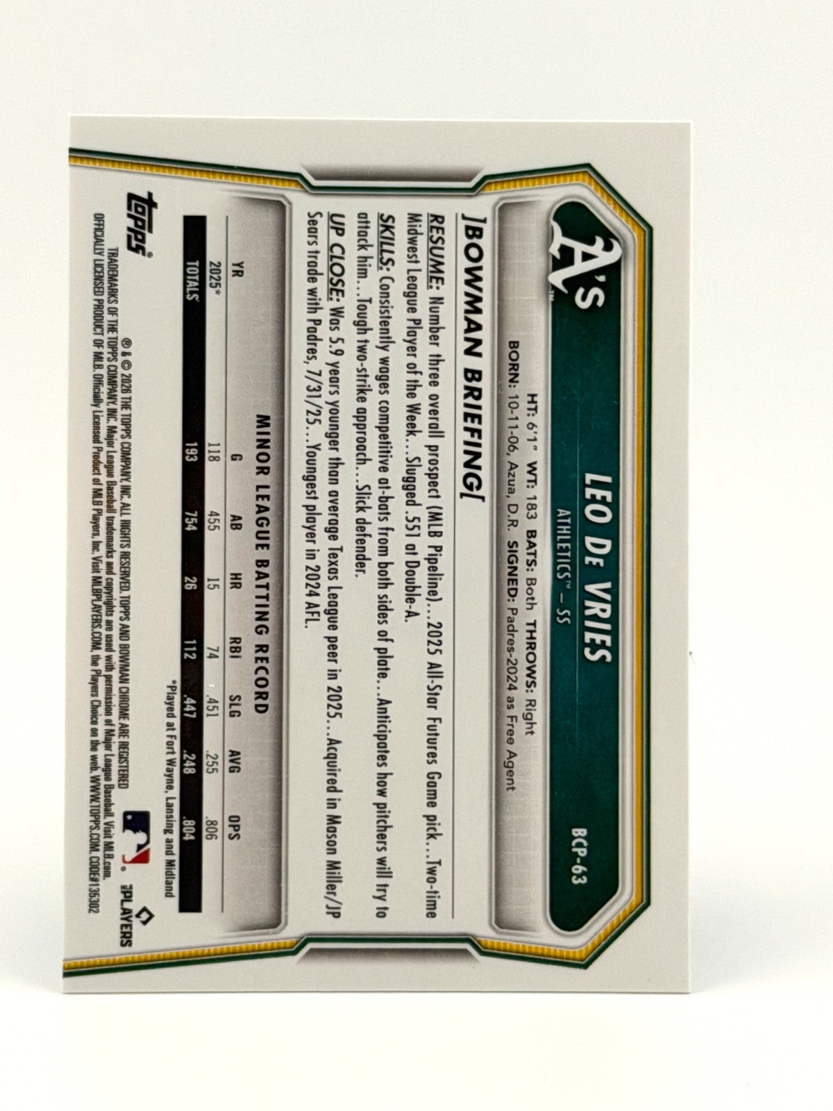⚾️ 2026 Bowman Leo De Vries Chrome A's #BCP-63