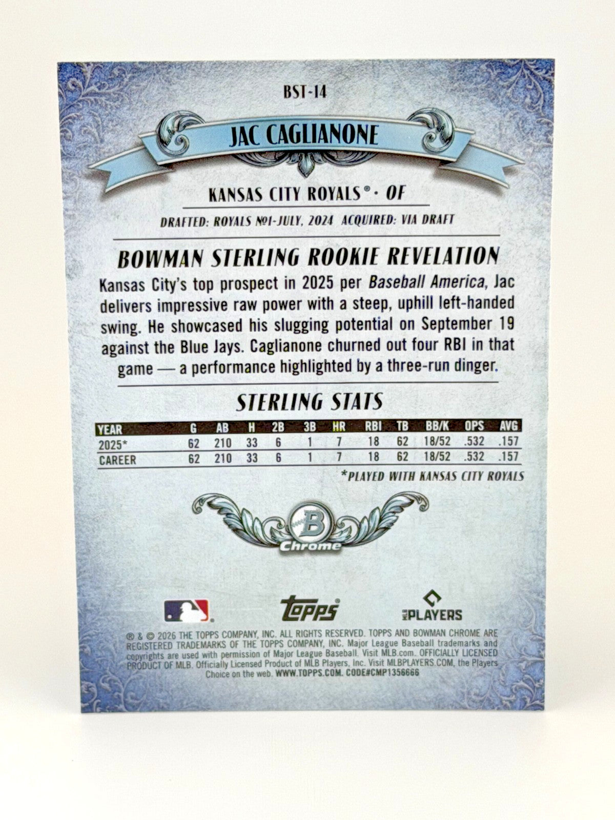 2026 Bowman Sterling MOJO Refractor Jac Caglianone #BST-14 Royals RC Rookie