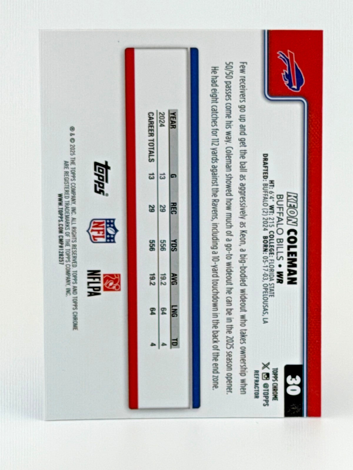 🏈 2025 Topps Chrome Football #30 Keon Coleman - Bills - REFRACTOR