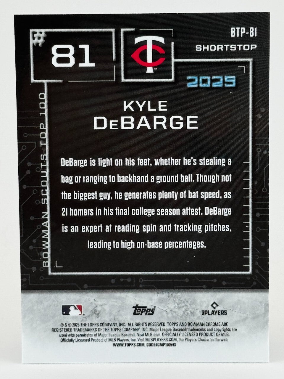 ⚾️ 2025 Bowman #BTP-81 Bowman Top Prospects #81 Kyle DeBarge - Twins